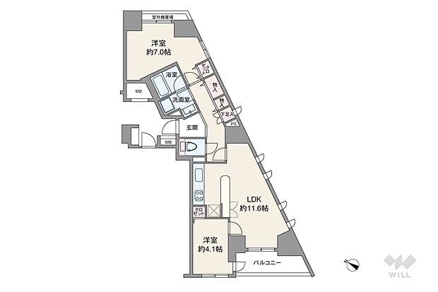 間取り図。55.14平米の2LDK。7階部分の南西角部屋です。