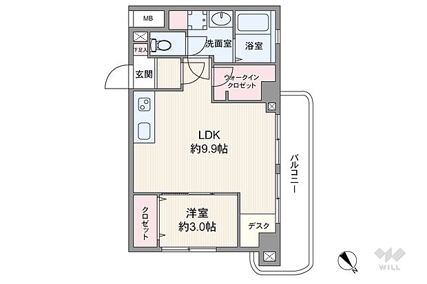 間取りは専有面積36.19平米の1LDK。室内廊下が短く居住スペースが広く確保されたプラン。LDKにデスクスペースとウォークインクロゼットがあるのも特徴的。バルコニー面積は5平米です。