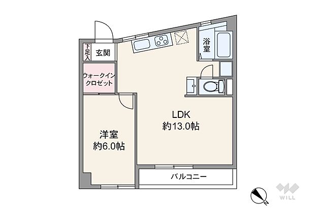 間取りは専有面積47.93平米の1LDK。LDK約13帖のプラン。バルコニー面積は5.00平米です。