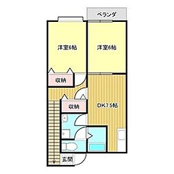 ファミールヤマモト 2階2DKの間取り