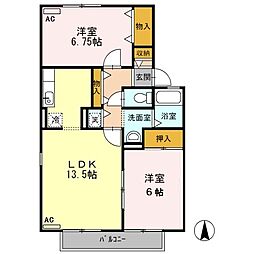 ハイカムール林B棟 2LDKの間取図画像