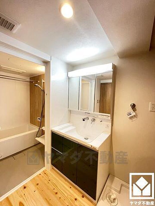 3面鏡の裏側や洗面台下など収納スペースが豊富な洗面台です。