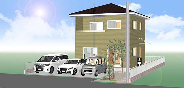 ９号地参考プラン　外観パース　駐車３台可能！　外壁の色、外構や植栽はイメージです。