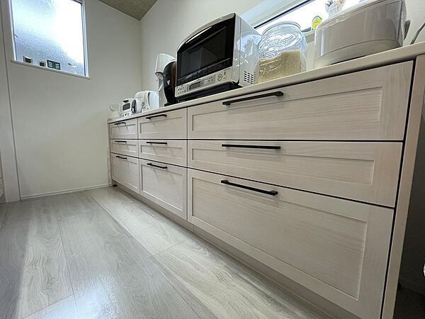 キッチンには造り付けのロータイプの収納あり、多数のコンセントがあります。