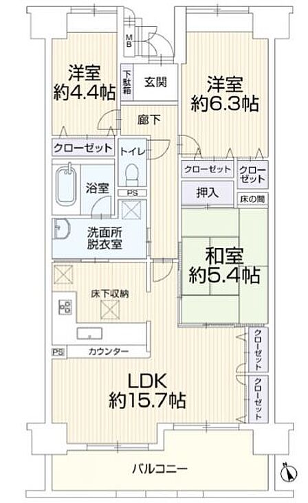 3LDKの間取。各室収納付き、リビング収納もありお部屋が整う間取です◎