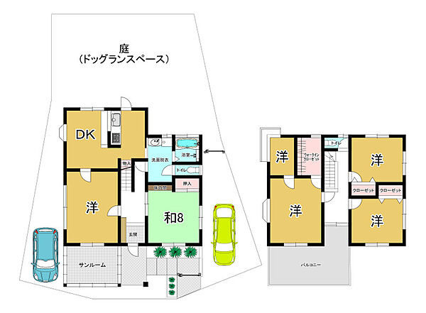 広々間取りにサンルームと和室を備え、家事動線も良好。庭はドッグランスペースとして使え、駐車場2台分で来客時も安心の魅力的なプランです。