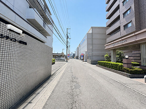住棟前の道路は車通りが穏やかで歩行も安心。コンビニや量販店が点在し、日々の用事が近場で完結します。周辺は整備された歩道が多く、子どもと一緒の買い物や散歩にも心地よい環境です。