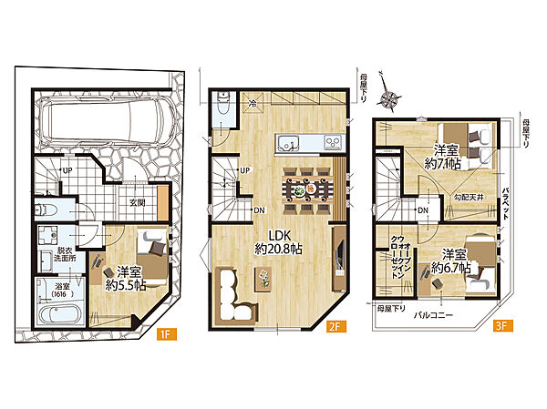 建物プラン例(【参考プラン】)3LDK、土地面積52.59m2、建物面積101.06m2