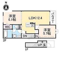 JR奈良線 玉水駅 徒歩16分の賃貸アパート 2階2LDKの間取り