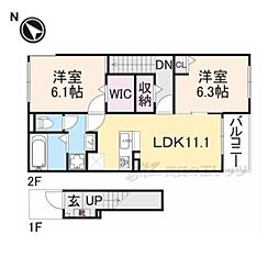 グレイス加茂I 2階2LDKの間取り