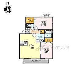 リビングタウン祝園 2階2LDKの間取り