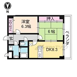 京都地下鉄東西線 醍醐駅 徒歩17分の賃貸マンション 2階2DKの間取り