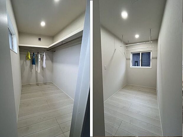 サンルーム完備でお天気を気にする事もなく洗濯物が干せます。ウォークインクローゼットにはハンガーポールと上部棚が備わっていて収納力倍増です。