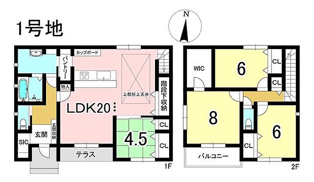 1号地　4LDK+S　土地面積194.64m2　建物面積117.58m2