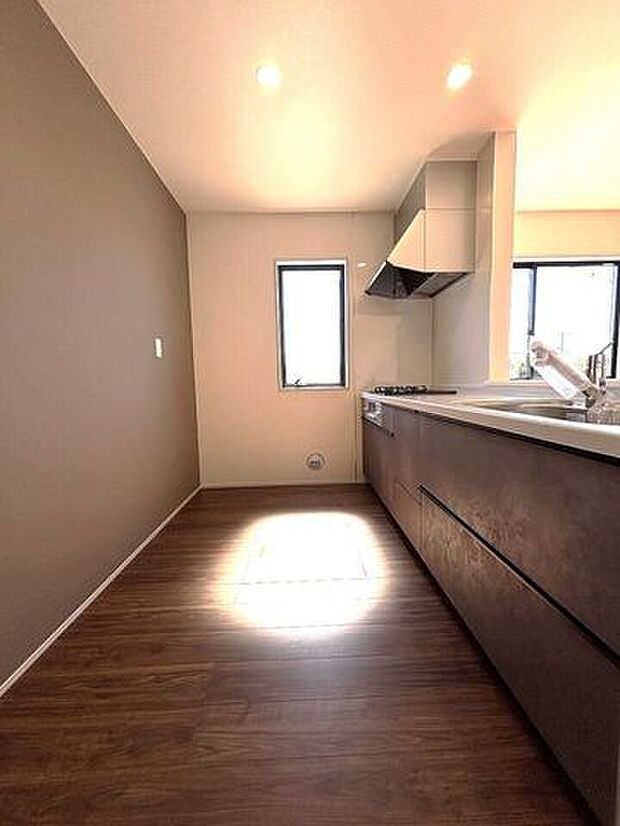 ゆとりのサイズを確保し、ひとりだけでなくお子様や旦那様と一緒にキッチンに立つのに快適なスペースです。床下収納もあります。