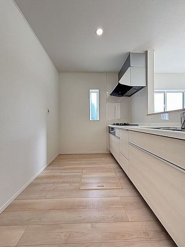 ゆとりのサイズを確保し、ひとりだけでなくお子様や旦那様と一緒にキッチンに立つのに快適なスペースです。床下収納もあります。