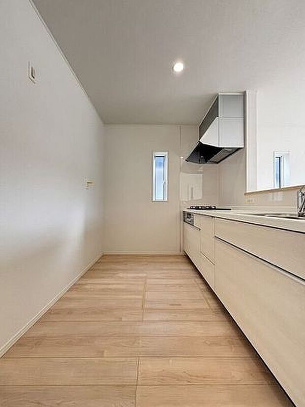 ゆとりのサイズを確保し、ひとりだけでなくお子様や旦那様と一緒にキッチンに立つのに快適なスペースです。床下収納もあります。