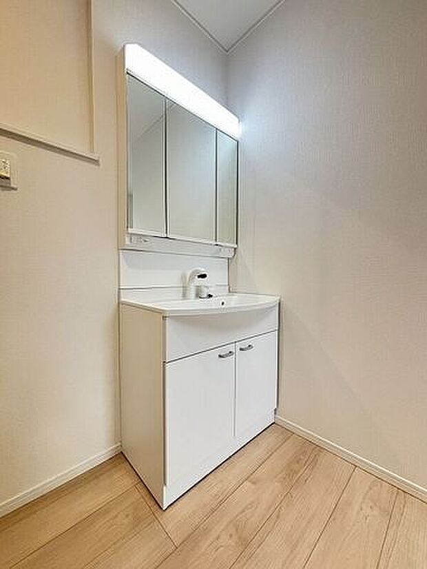 洗面ボウルが大きく作られており、使いやすさもお掃除のしやすさも◎。三面鏡の裏側に収納スペースを設置し化粧品や洗面小物などをすっきりと収納できます♪