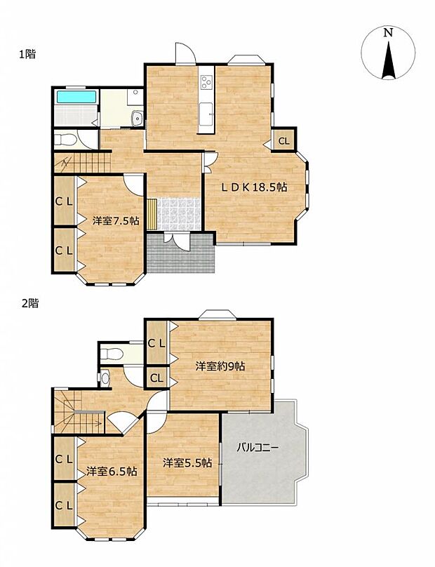 【間取図】南向き2階建て4LDKのお家です。2階のお部屋は子供部屋や寝室としてお使いいただけます。