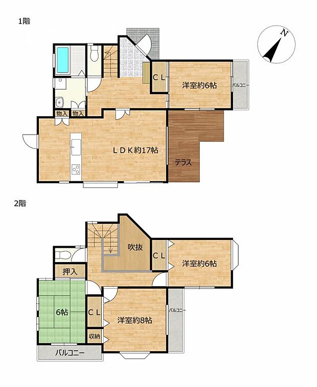 【間取図】2階建4LDKのお家です。4LDKと十分な部屋数があり、全居室に収納がございますので、ご家族でも住みやすい住宅ですよ。