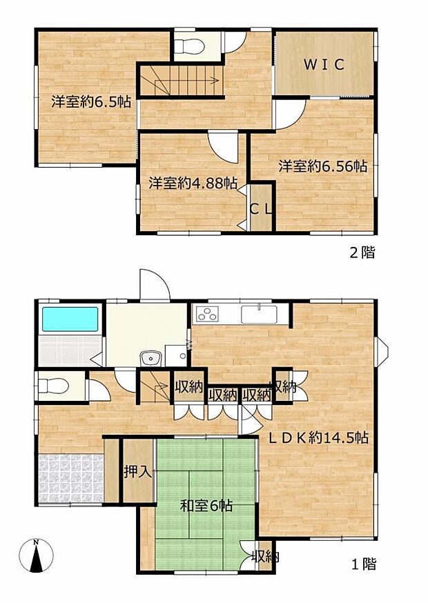2階建て4LDKのお家です。4LDKと十分な部屋数があり、ご家族でも住みやすい住宅ですよ。