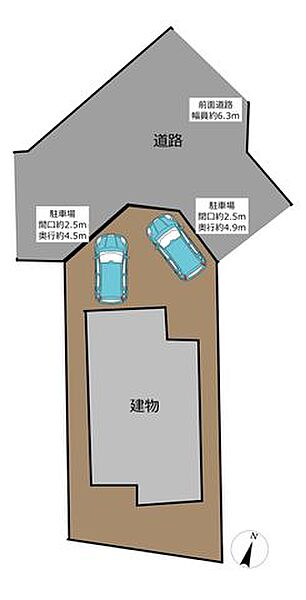 【配置図】普通車2台駐車可能です。自宅に車が停められる生活は駐車場を借りなくて済むので家計にもやさしい生活ですよ。