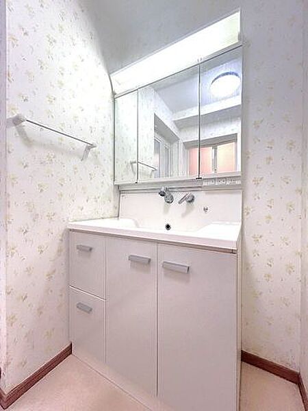 【洗面台】洗面際の写真です。三面鏡の裏側は収納になっています。洗面ボウルはつけ置き洗いなどの家事でも活躍します。