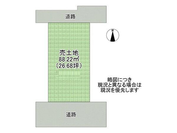 【区画図】1号地道路：南向き・幅員4m・北向き・幅員1.8m土地面積：88.22平米