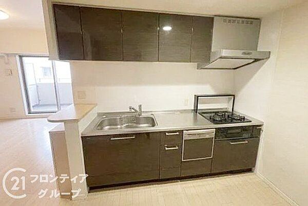 上質感のある落ち着いた色合いのシステムキッチンが目を引きます コンロ周りやシンクも大変綺麗にお使いで 面倒なクリーニングなしでもそのまま使い始められるほどの手入れの良さが大きな魅力です
