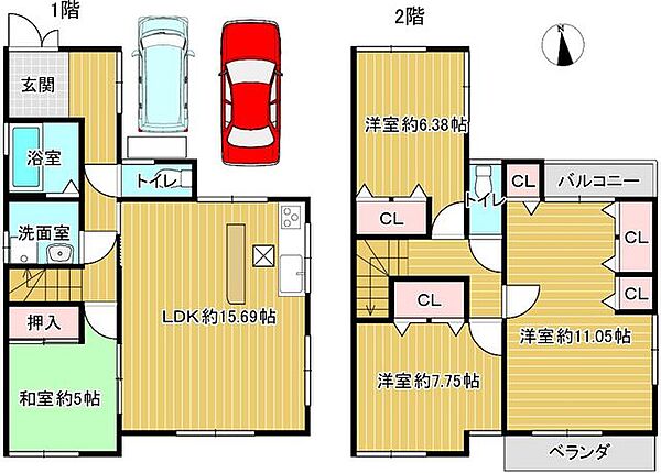 【間取り図】2階建て4LDKのお家です。十分部屋数があり、全居室に収納がございますので、ご家族でも住みやすいですよ。