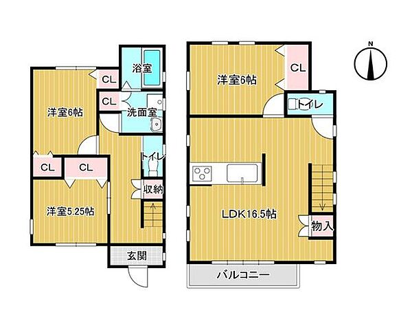 【間取り図】2階建て3LDKのお家です。十分部屋数があり、全居室に収納がございますので、ご家族でも住みやすいですよ。