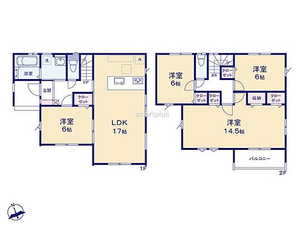 〜間取り変更も可能なプラン〜 ・2階14.5帖の洋室は間仕切りを造る事で2部屋に分ける事が可能。 ・ご家族の状況に応じて部屋の数を変更できるプランです。 