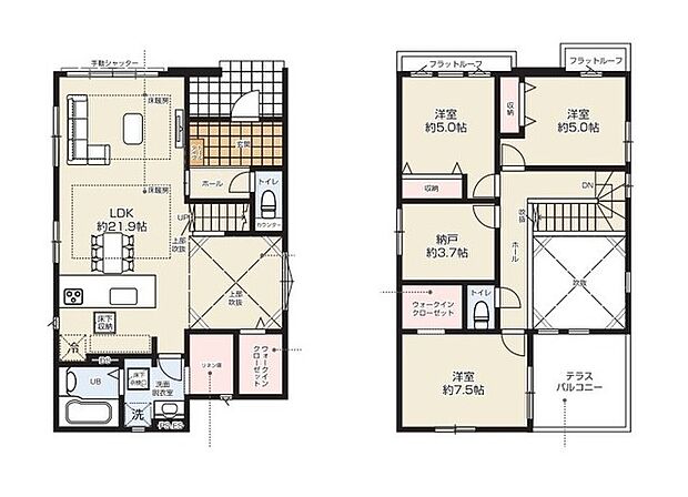 〜リビングイン階段を採用〜 ・リビングイン階段なので2階へ行く際、降りる際に必ずリビングを通る「ご家族の顔が見える」仕様。 ・家族の距離が近づく間取となっております。