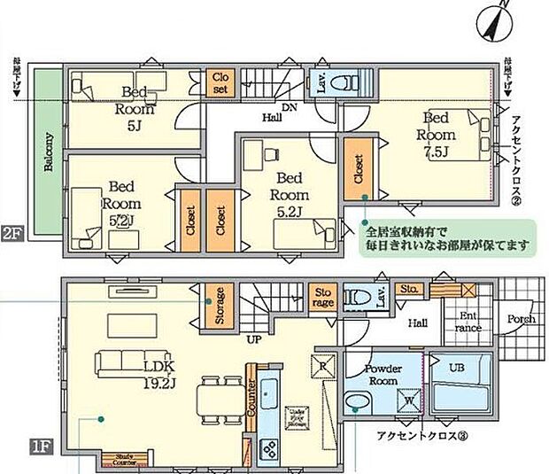 〜リビングイン階段を採用〜 ・リビングイン階段なので2階へ行く際、降りる際に必ずリビングを通る「ご家族の顔が見える」仕様。 ・家族の距離が近づく間取となっております。 