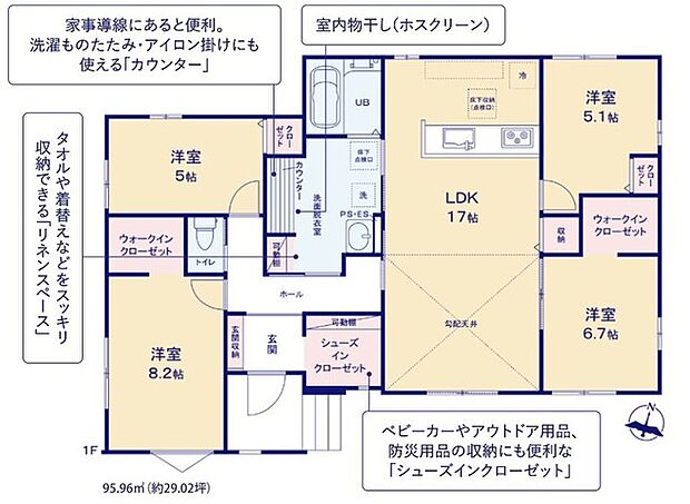 〜収納豊富なプランを採用〜 ・ウォークインクローゼット、シューズインクロークなど収納豊富なプランを採用。 ・今のお住まいと収納力をぜひ比較してみてください。