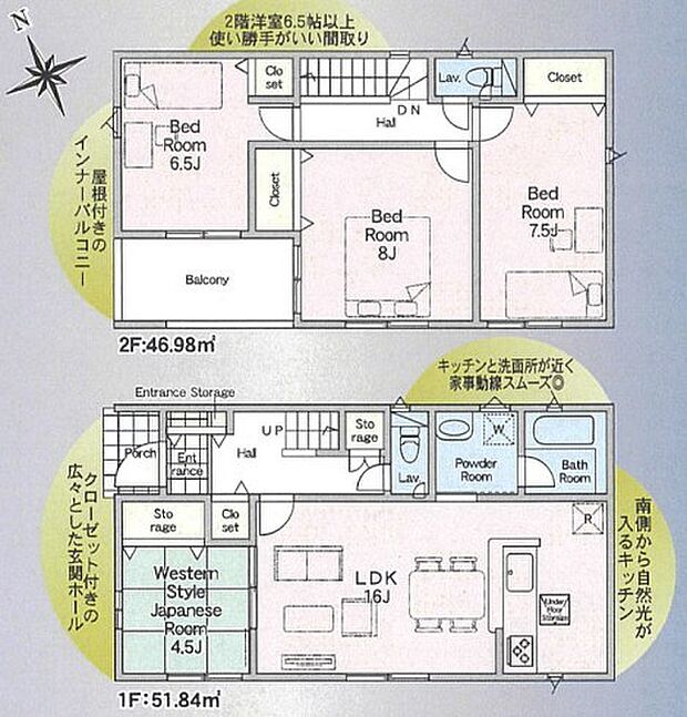 ～水回り集中プランを採用～ ・キッチン・洗面など水回りを集中させることで家事のしやすい間取。 ・日々の事なので家事導線もご見学の際にぜひチェックしてみてください。 
