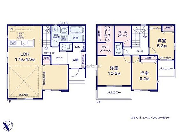 ～間取り変更も可能なプラン～ ・21.5帖のリビングは間仕切りを造る事で2部屋に分ける事が可能。 ・ご家族の状況に応じて部屋の数を変更できるプランです。