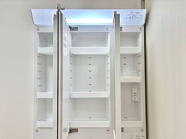 三面鏡の裏に、化粧品や衛生用品などを収納可能。洗面台をすっきりと保ちます！