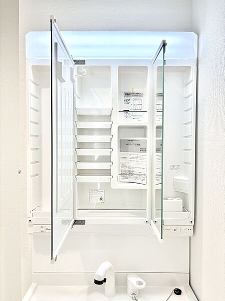 三面鏡の裏に、化粧品や衛生用品などを収納可能。洗面台をすっきりと保ちます！
