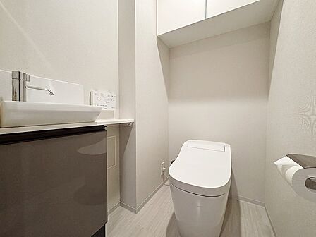 圧迫感のないデザインで広く見せ、手洗いもスムーズに完結。