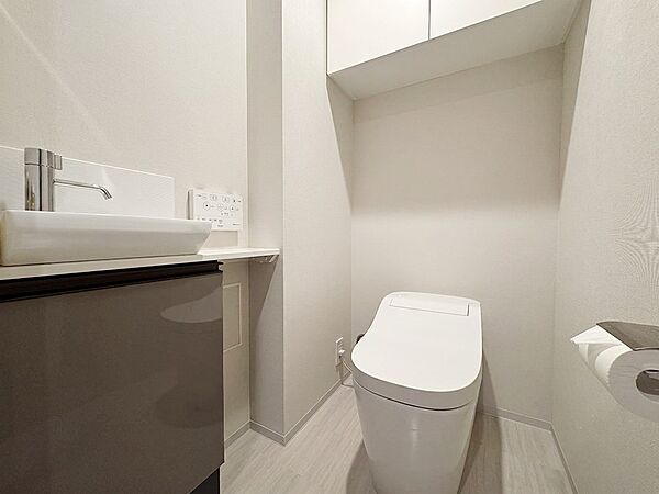 圧迫感のないデザインで広く見せ、手洗いもスムーズに完結。