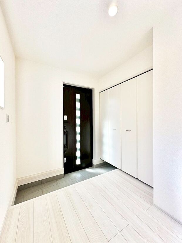 ガラススリットの入った玄関ドアが室内に光を届けてくれます