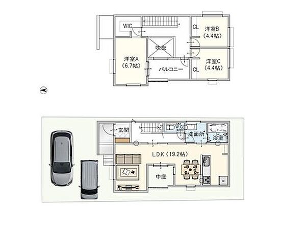 【間取り】リビングが19帖と広めになっております！家族で過ごす大切な空間だからこそ、広めにとっております。また、リビングの中心部分には中庭が設置されており、キッチンからも眺められるのが嬉しい！