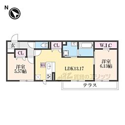 JR東海道・山陽本線 草津駅 徒歩27分の賃貸アパート 1階2LDKの間取り