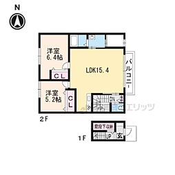 JR湖西線 比叡山坂本駅 徒歩15分の賃貸アパート 2階2LDKの間取り