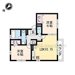 JR東海道・山陽本線 栗東駅 徒歩16分の賃貸アパート 1階2LDKの間取り