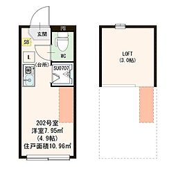 ハーモニーテラス志茂XVI 2階ワンルームの間取り