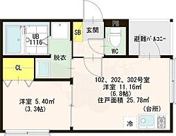 ハーモニーテラス中浜3 1階1DKの間取り