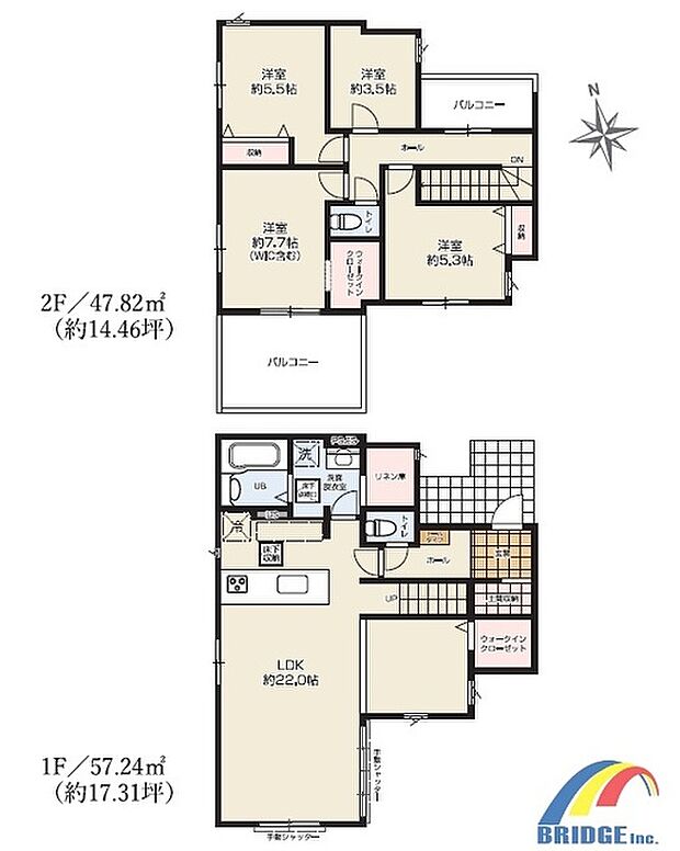 1号棟間取り図です。 駐車2台可能で、子育て世代も安心の小学校まで歩いて5分。 季節もののバッグや帽子を収納できるウォークインクローゼットが2か所付いております。 