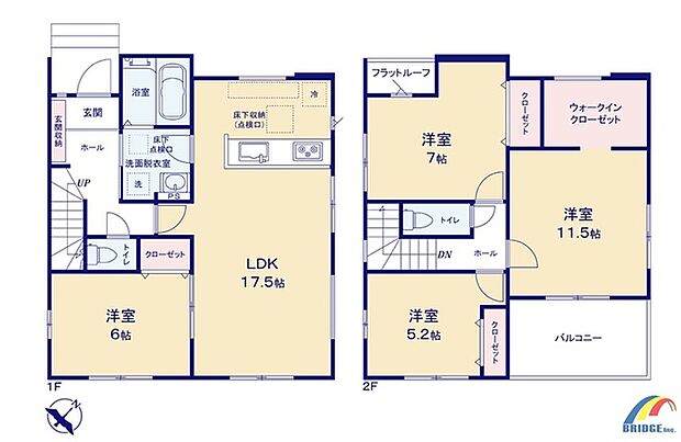 間取り図です。 駐車2台可能で、なんでもしまえる3帖のWIC付き。 子育て世代も安心の小学校まで歩いて5分。 内覧ご希望の方は是非、お気軽にお問い合わせください。 お待ちしております。